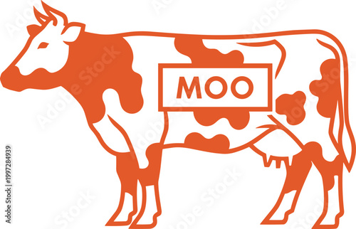 Cow Silhouette with Moo Text Label Farm Animal Outline Vector Illustration for Dairy Farming, Livestock Branding, Agriculture Design, and Rural Graphics