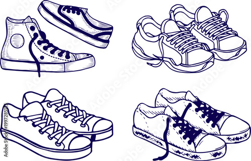 Casual Shoes Set in Linear Style, Hand Drawn Sneakers Boots and Footwear Vector Illustration