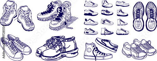 Hand Drawn Shoes Set, Teenage Sneakers and Boots Linear Style Vector Illustration Collection