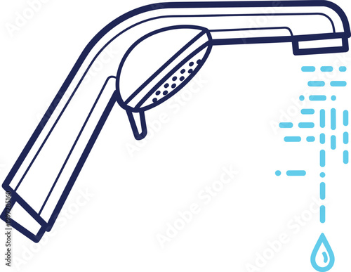 Shower Head with Flowing Water Illustration Line Art Bathroom Fixture Vector Design for Hygiene, Plumbing, Cleaning Concepts, and Home Interior Graphics