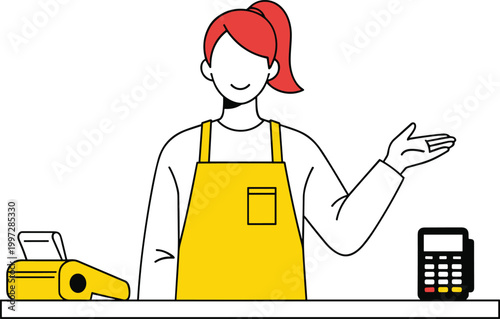 Retail Cashier Woman with POS Terminal and Barcode Scanner Cartoon Illustration Vector Design for Store Checkout, Payment Service, Customer Assistance, and Sales Counter