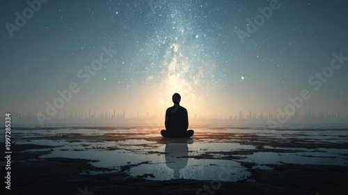 Meditating figure silhouetted against a starry night sky reflection