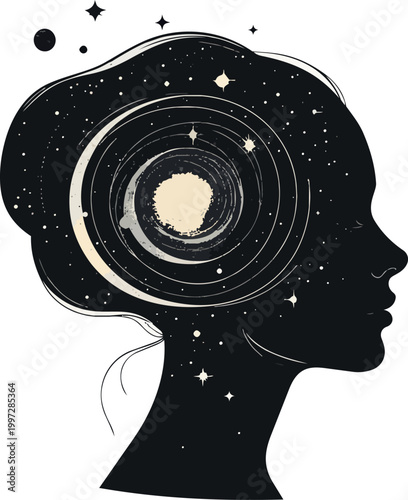 Cosmic mind concept, abstract female silhouette with stars and thoughts, minimalist vector art