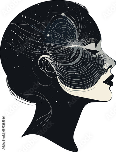 Woman with universe inside head, surreal minimalist mental health concept, vector illustration
