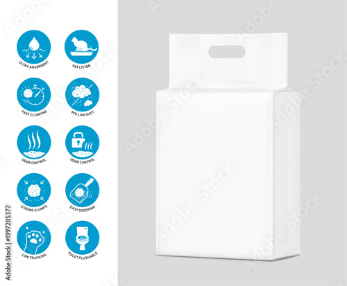 Vacuum bag with handle mockup set for cat litter with set icons. Half side view. Vector illustration isolated on grey background. Ready for use in presentation, advertising. EPS10.