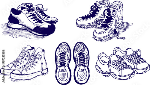 Shoes Sketch Set, Different Sneakers and Boots Hand Drawn Outline Vector Illustration Collection