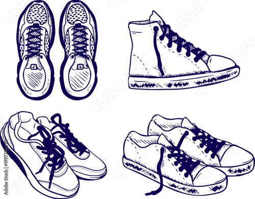 Sneakers Outline Icon Set, Running Shoes and Casual Footwear Minimal Line Vector Illustration Collection
