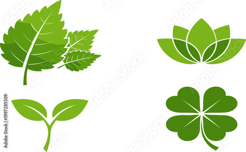 Green Nature Leaf Icon Set Featuring Botanical Elements, Eco Friendly Symbols, Plant Growth Signs, Herbal Illustrations for Environmental Design and Organic Branding Use