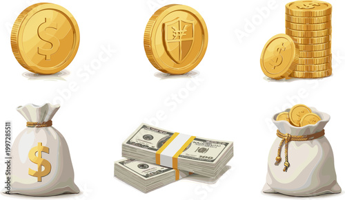 Gold Coins, Cash Money Bags, and Dollar Currency Stacks Illustration Set Representing Wealth, Finance, Investment, Savings, Banking, and Financial Growth Concepts