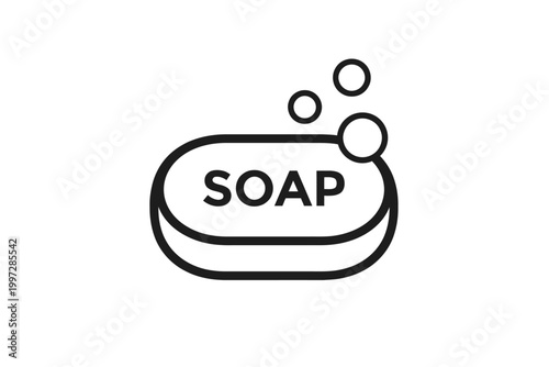 A minimalist black and white outline icon depicting a classic bar of soap with playful bubbles rising above, symbolizing essential hygiene, personal cleanliness, daily washing, bathing, and skincare r