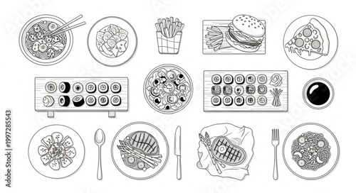 Overhead view of various food dishes and drinks on white background.