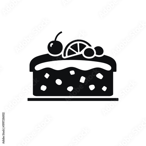 Elegant black silhouette icon of a delectable dessert cake slice, richly adorned with creamy frosting, a juicy cherry, a vibrant citrus orange wedge, and sweet berries, symbolizing celebration, indulg