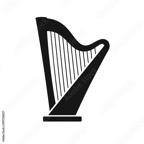 Graceful black harp silhouette icon: a classic stringed musical instrument. Perfect for folk, Celtic, orchestral, and classical music designs, logos, websites, educational content, symbolizing harmony