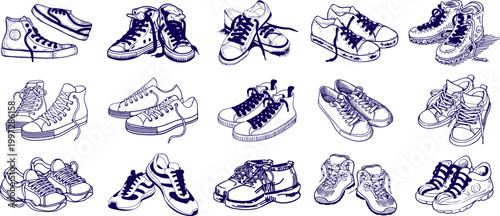 Sneakers Outline Set, Hand Drawn Two Sport Shoes Sketch with Casual Footwear Doodle Icon Vector Illustration