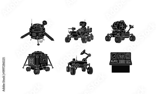 Six space exploration rovers and lander vector illustrations