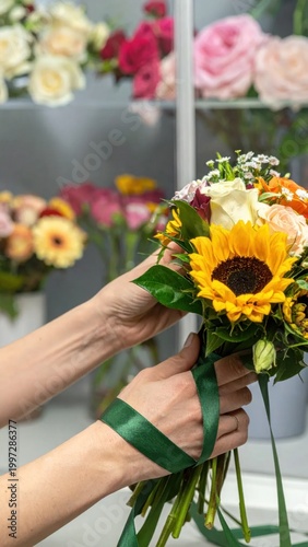 Professional florist hands tying a green ribbon around a fresh floral bouquet, sunflower centerpiece arrangement, florist shop workshop