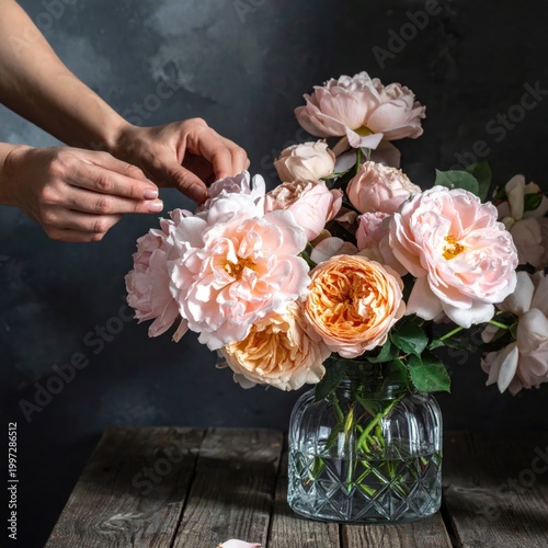 Woman arranging delicate pastel roses in a clear glass vase on a rustic dark wooden table, soft dramatic lighting, elegant floral home decor