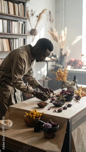 Young man making herbal remedies with dried flowers and natural ingredients in a sunlit workshop, craft, sustainability, mindfulness, natural health