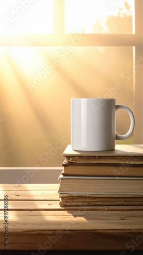 White ceramic coffee mug resting on stack of old books by window during golden hour, cozy morning atmosphere, study time, relaxing lifestyle