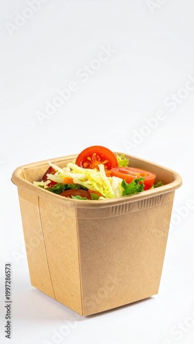 Fresh salad in square brown paper bowl, eco friendly takeaway food container, organic vegetables, healthy nutrition, lunch delivery, sustainable packaging