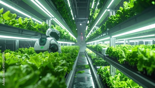 automated robot farmer in vertical hydroponic indoor farm with green lettuce plants under led lights, smart agriculture and precision farming technology