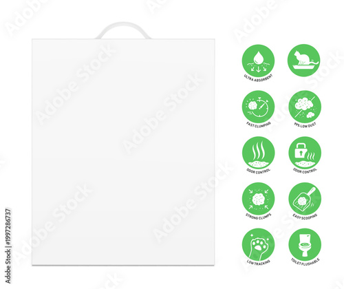 Carrying corrugated box case with plastic handle mockup for cat litter with set icons. Front view. Vector illustration isolated on white background. Ready and simple to use for your design. EPS10.