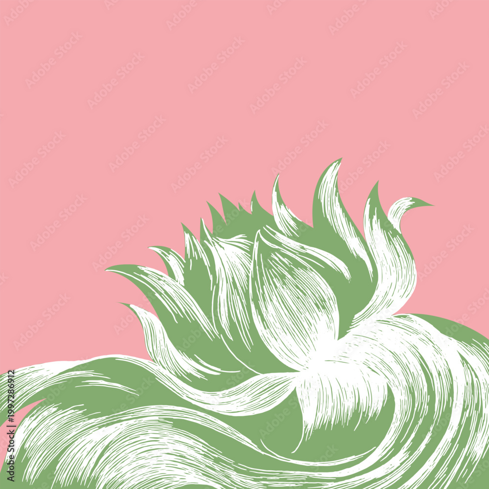 Naklejka premium Hand drawn Japanese inspired blooming lotus background. Vintage woodcut style featuring sage green and white textured petals on a soft pink backdrop. Elegant artisan floral art.