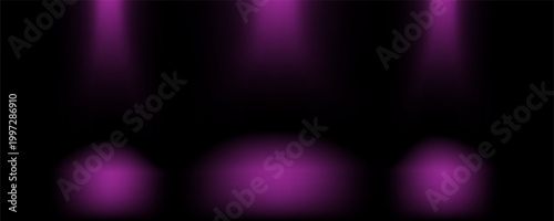 Abstract limbo podium studio background, three purple spotlights in a dark studio room, abstract stage