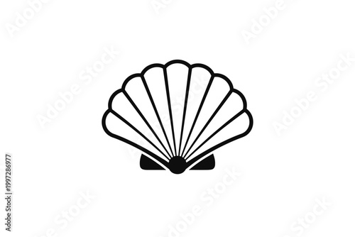 Stylized Black Outline Scallop Shell Icon, Vector Logo, or Graphic Design Element for Marine, Beach, Seafood, and Ocean-Themed Projects. Perfect for Digital Graphics, Web Elements, Print Media, and Co