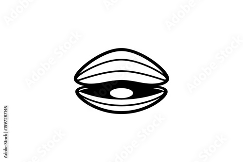 A crisp, minimalist black and white vector icon of an open oyster shell gracefully revealing a luminous pearl inside. This elegant graphic symbolizes marine life, ocean treasures, luxury, wealth, natu
