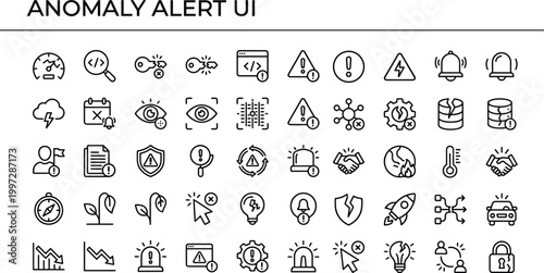 Anomaly alert interface line icon set for monitoring system security detection warning signals and digital analytics applications