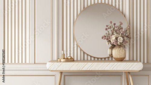 Elegant interior scene with mirror and decorative elements copy space