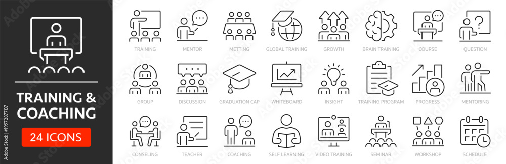 Obraz premium Training and coaching line icon set. Editable Stroke. Coach, mentoring, conference, motivation, potential, mentor, skill - stock vector.