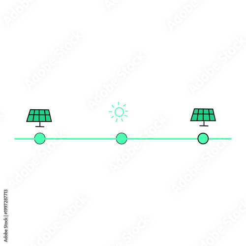 Solar panels connected in energy system with sun representing renewable power generation in minimal style