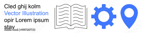 Education, navigation, settings, process management, learning tools, digital design. Open book, gear and location pin images. Education and navigation conceptual design