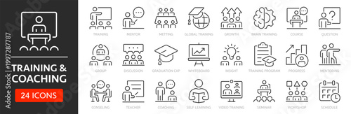 Training and coaching line icon set. Editable Stroke. Coach, mentoring, conference, motivation, potential, mentor, skill - stock vector.
