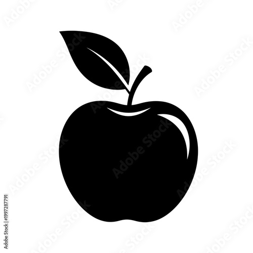 Black apple silhouette with leaf, perfect for healthy eating and design.
