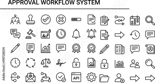 Approval workflow system line icon set for document verification process management compliance control and business automation applications