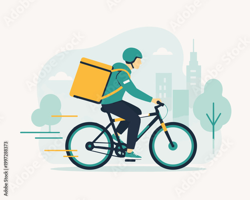 Flat Bicycle Courier Delivery Rider With Backpack Fast Urban Shipping Service Illustration
