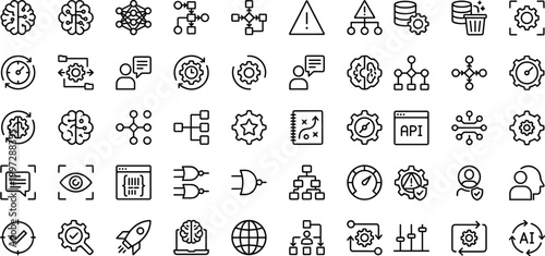 Artificial intelligence and data system icon set in minimal outline style for analytics, automation, and software interface design