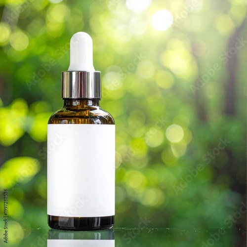 Amber glass dropper bottle with blank label, natural cosmetic packaging for organic serum, skincare product presentation, wellness and beauty branding