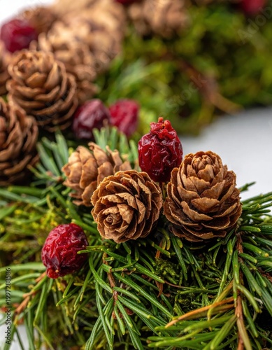 Christmas wreath closeup with pine cones, dried red berries, and evergreen branches, festive holiday decoration for winter home decor and seasonal celebrations