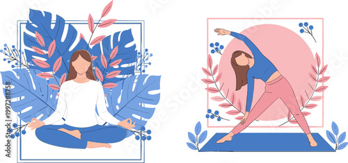 Yoga and Meditation Women Illustration Set with Relaxing Poses, Mindfulness Wellness and Healthy Lifestyle Concept, Modern Flat Vector Design Collection