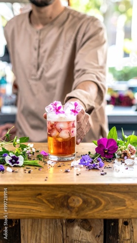Bartender serving floral iced tea cocktail with pansy garnishes on a rustic wooden bar counter, refreshing summer beverage, mixology and hospitality