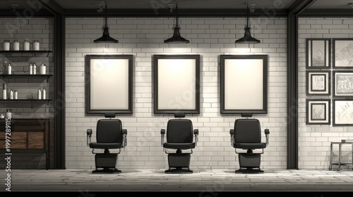 Barber shop interior design with chairs mirrors and wall decor elements