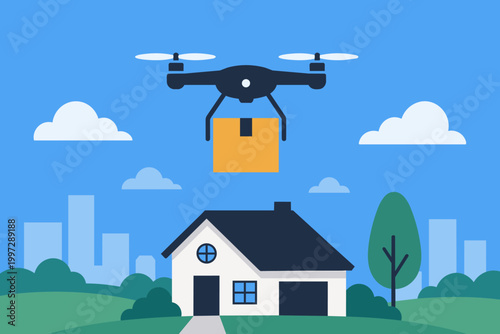 Flat Drone Delivery To House With Package Smart Home Air Shipping Illustration