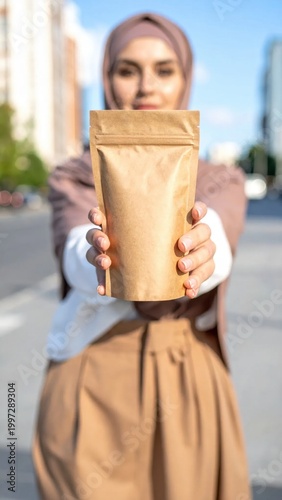 Young woman wearing hijab holding empty brown paper pouch for packaging branding mockup, product presentation, sustainable supply chain, organic goods