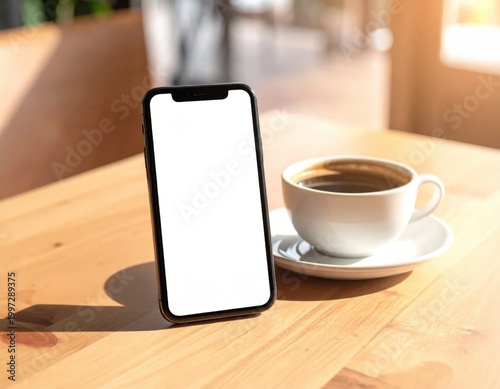 Smartphone with blank white screen mockup on wooden cafe table next to steaming cup of coffee, digital marketing, app interface display