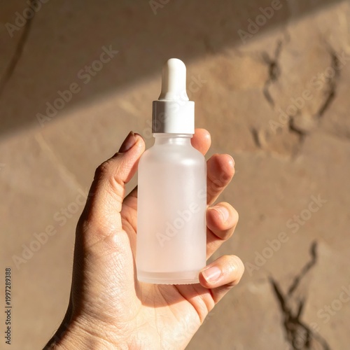 hand holding a frosted glass dropper bottle for cosmetic serum, skincare product display, natural lighting, essential oil or beauty treatment packaging