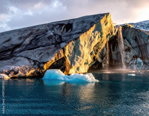Glacier landscape with meltwater waterfall and floating iceberg under golden sunset light, climate change, arctic nature exploration, wilderness landscape
